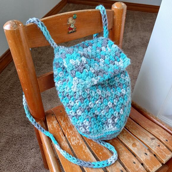 Icelandic Crochet Drawstring Mini Backpack Purse Bag blue grey handmade unlined - Picture 4 of 12